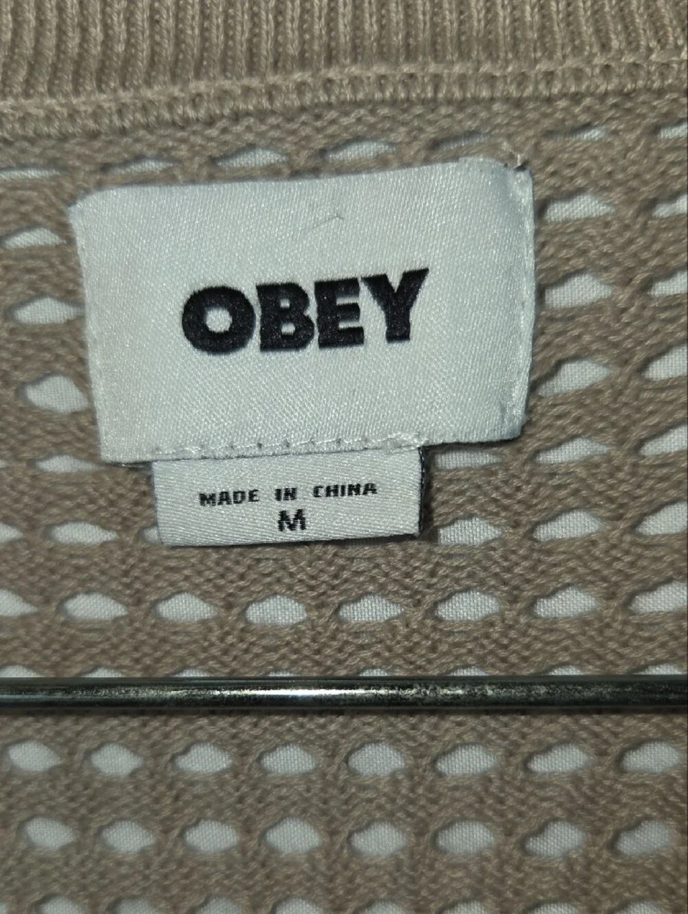 Obey Crochet Open Knit Cardigan Men's Md. Green Cream Tan Sweater (0255)